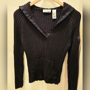 DKNY Women's Black V-Neck Ribbed Hooded Sweater Large